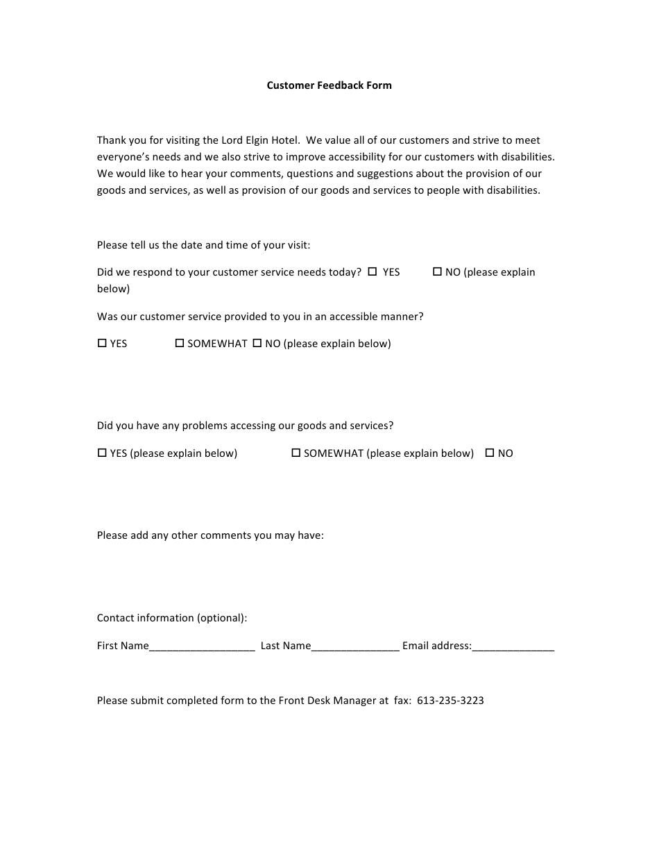 Customer Feedback Form - Without Emblem - Ontario, Canada, Page 1