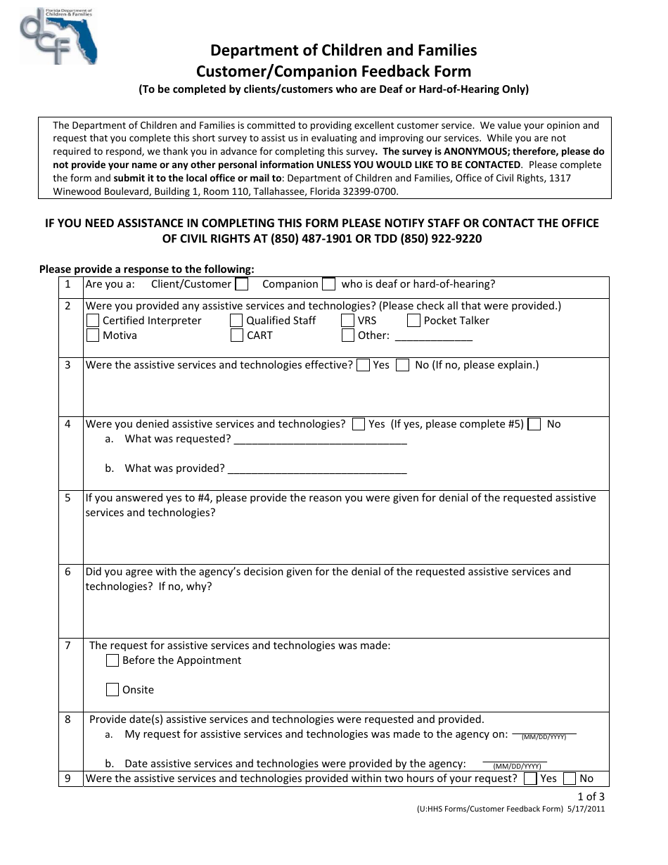 Customer / Companion Feedback Form - Florida, Page 1