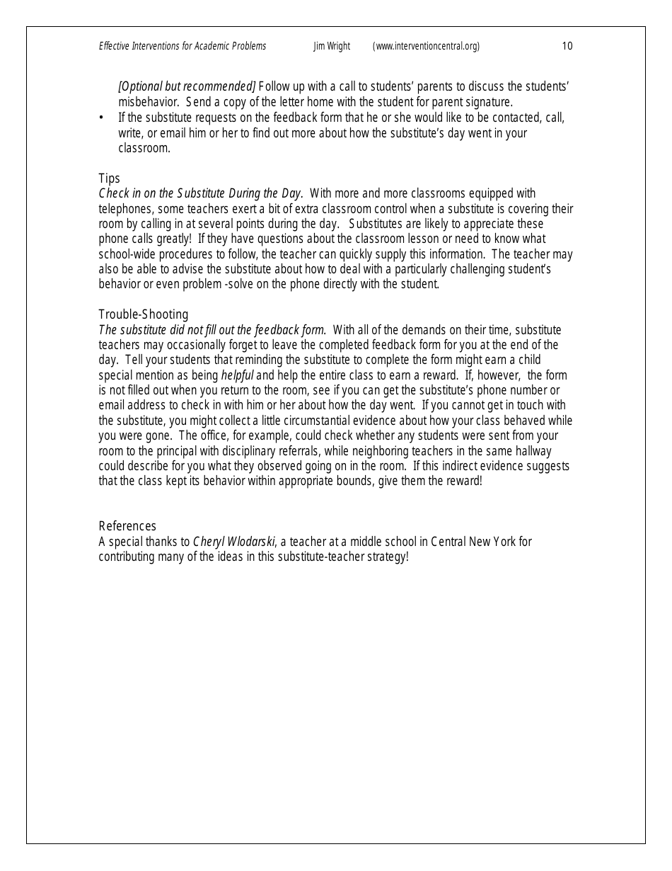 Substitute Teacher Feedback Report Form - Effective Interventions for Academic Problems, Page 3