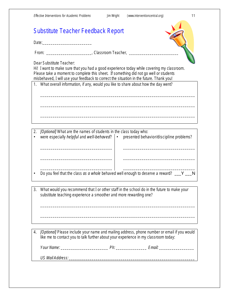Substitute Teacher Feedback Report Form - Effective Interventions for Academic Problems, Page 4