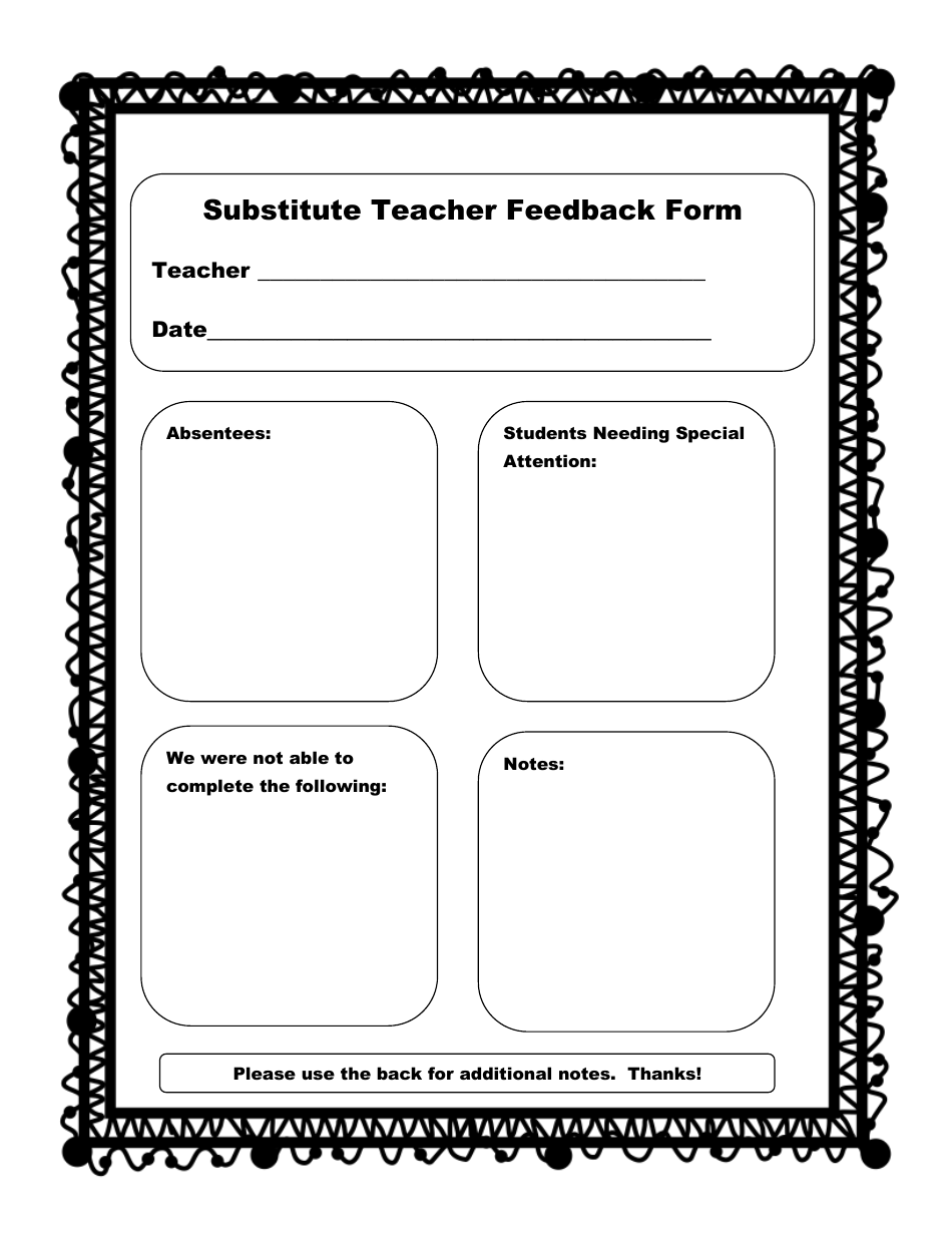 Substitute Teacher Feedback Form - Black Border, Page 1