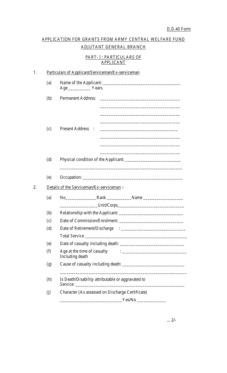 Form 40 Application for Grants From Army Central Welfare Fund - India, Page 1
