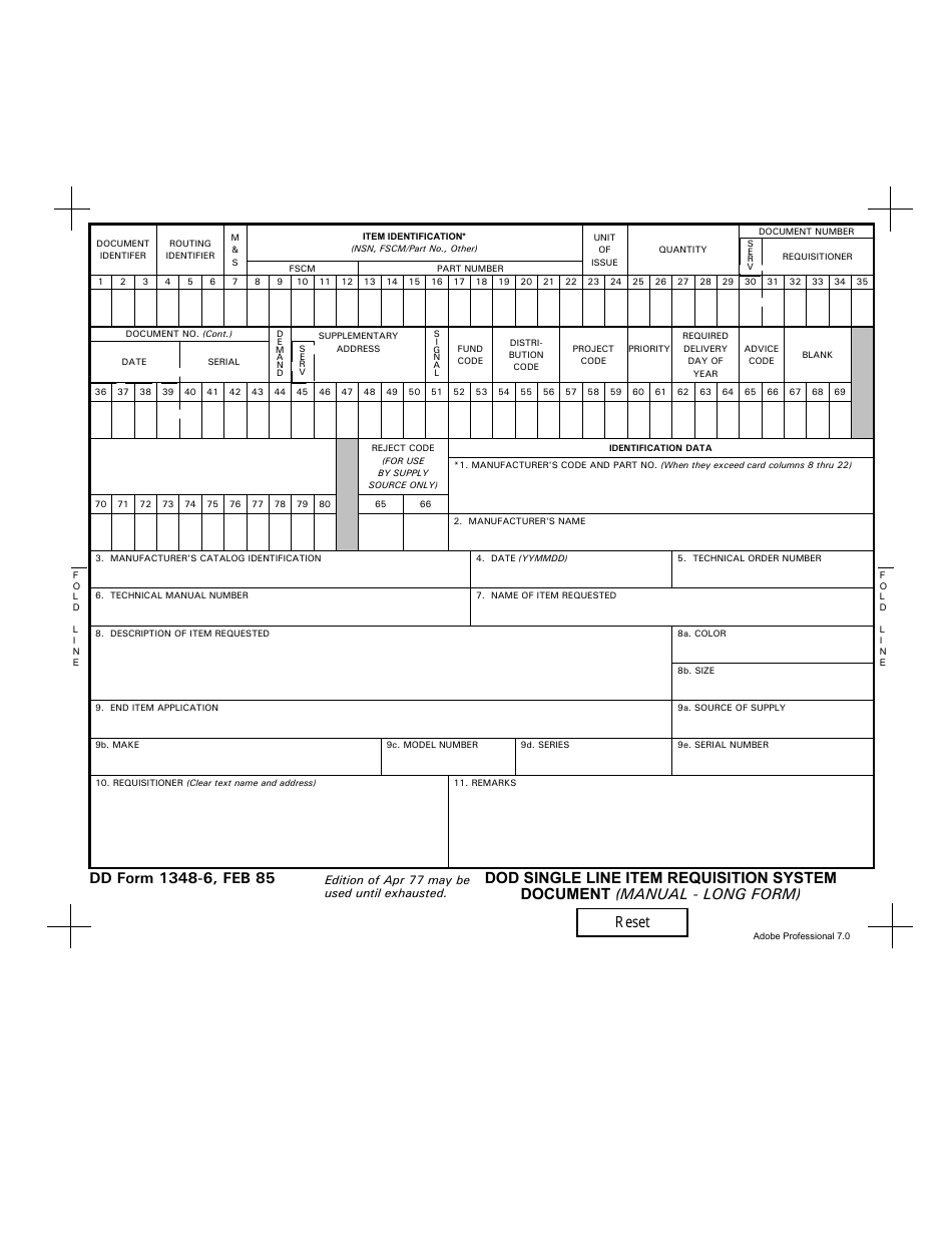 DD Form 1348-6 DoD Single Line Item Requisition System Document (Manual - Long Form), Page 1