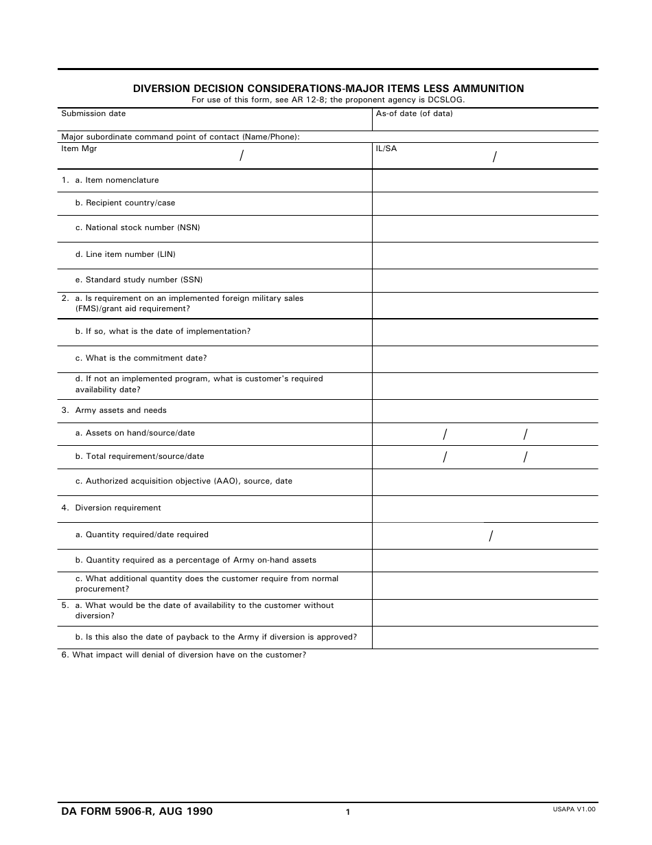DA Form 5906-R Diversion Decision Considerations-Major Items Less Ammunition, Page 1