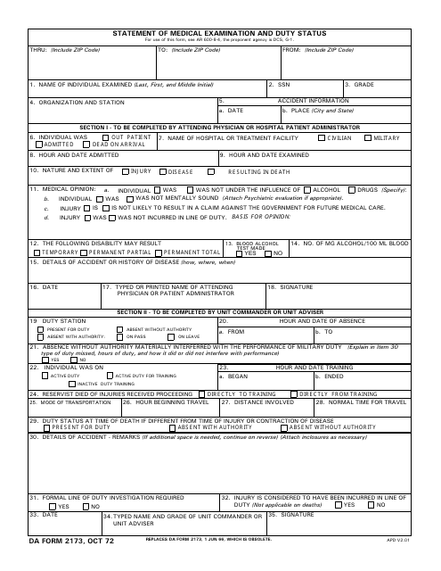 DA Form 2173 Download Printable PDF, Statement of Medical Examination ...