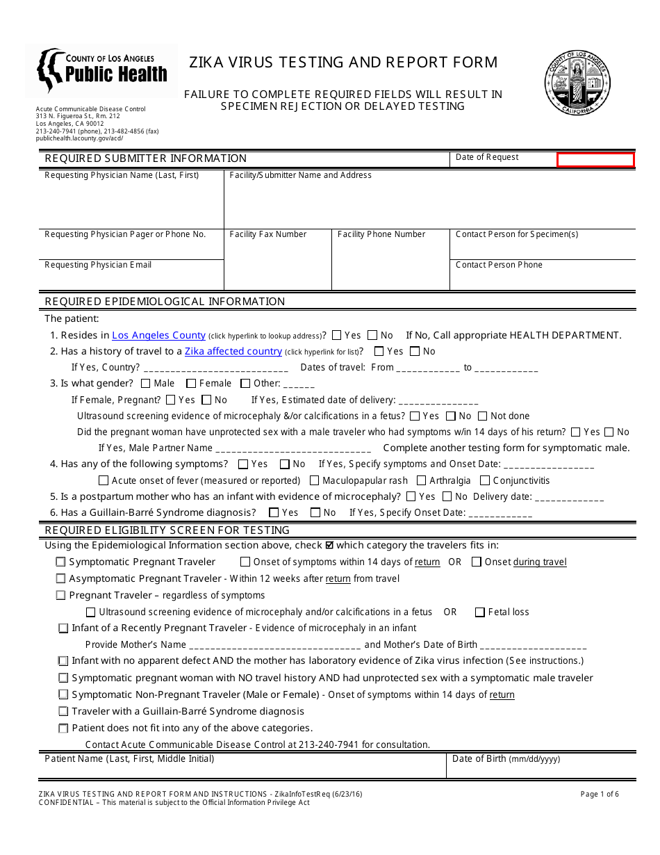 Zika Virus Testing and Report Form - Los Angeles County, California, Page 1