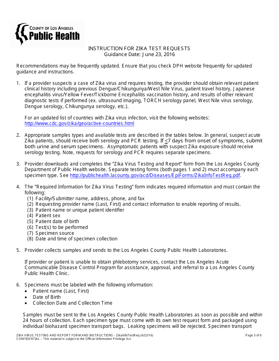 Zika Virus Testing and Report Form - Los Angeles County, California, Page 3