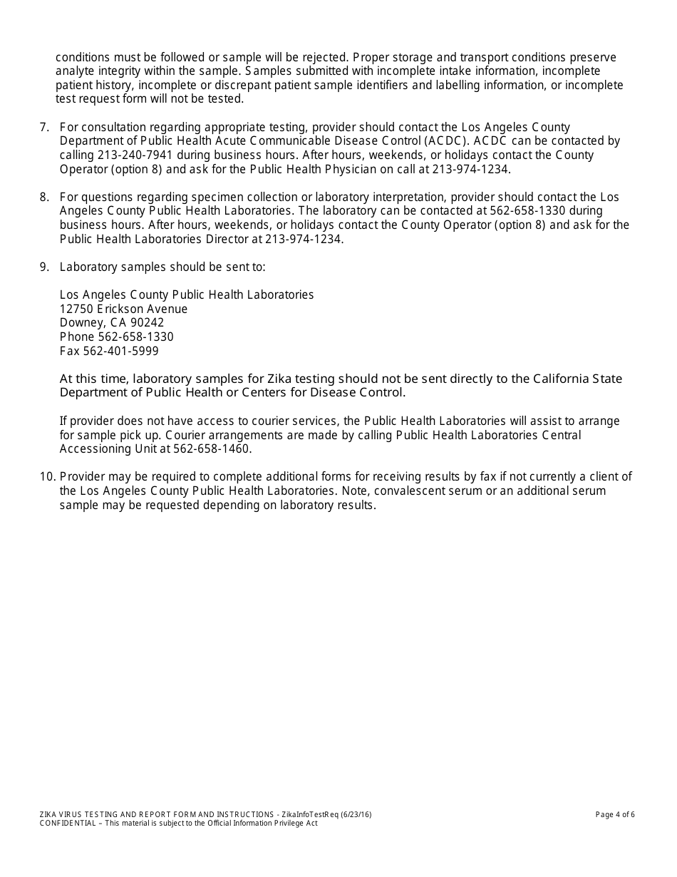 Zika Virus Testing and Report Form - Los Angeles County, California, Page 4