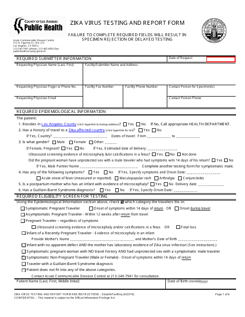 Zika Virus Testing and Report Form - Los Angeles County, California Download Pdf