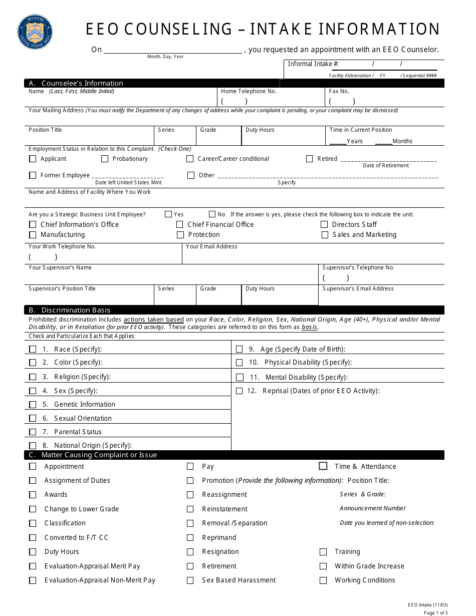 EEO Counseling Intake Form, Page 1