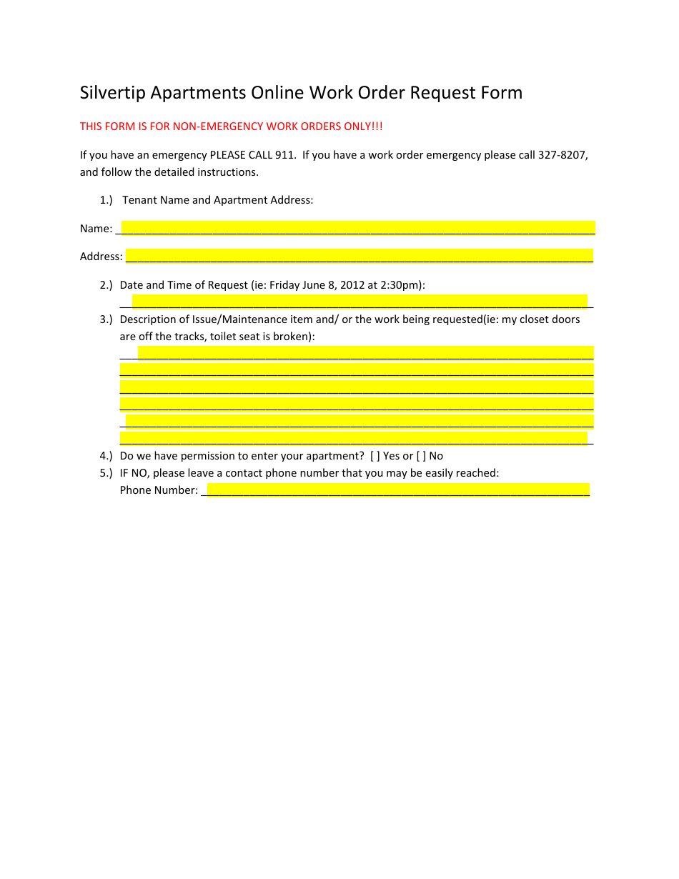 Work Order Request Form - Silvertip Apartments, Page 1