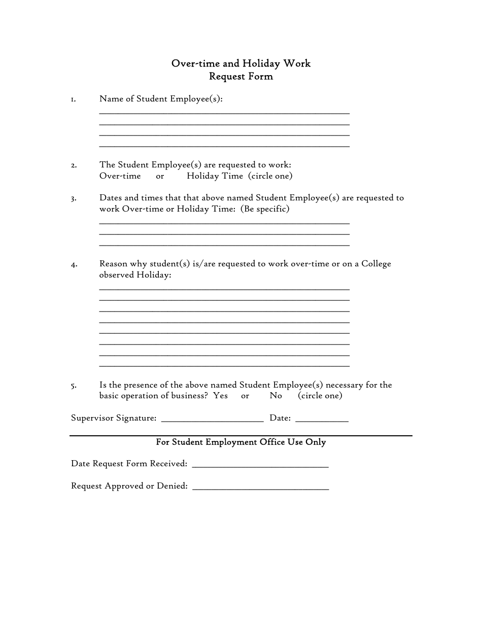 Over-time and Holiday Work Request Form Template, Page 1