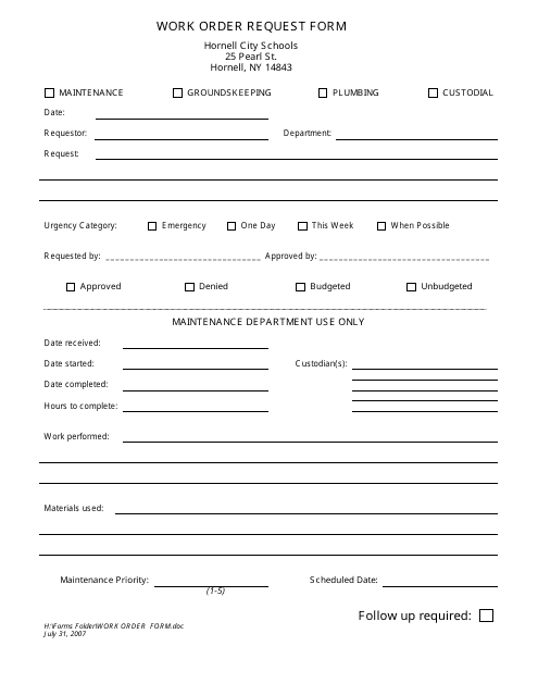 Work Order Request Form - Hornell City Schools Download Pdf