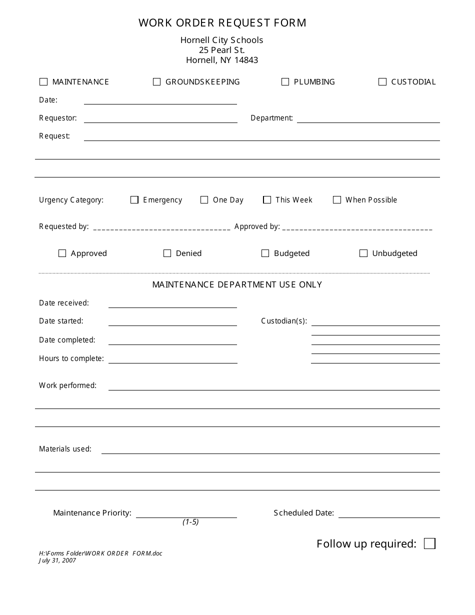 work order request form hornell city schools download printable pdf