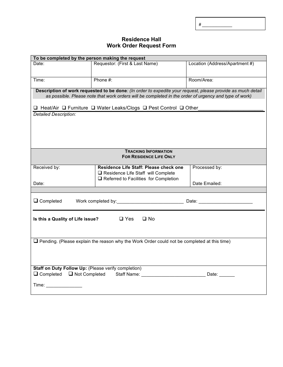 Work Order Request Form - Residence Hall, Page 1