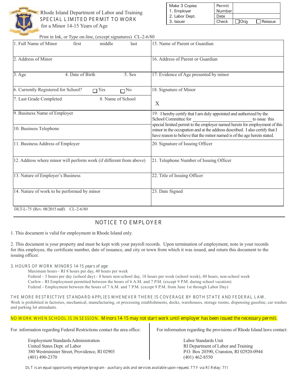 Form DLT-L-75 Special Limited Permit to Work for a Minor 14-15 Years of Age - Rhode Island, Page 1