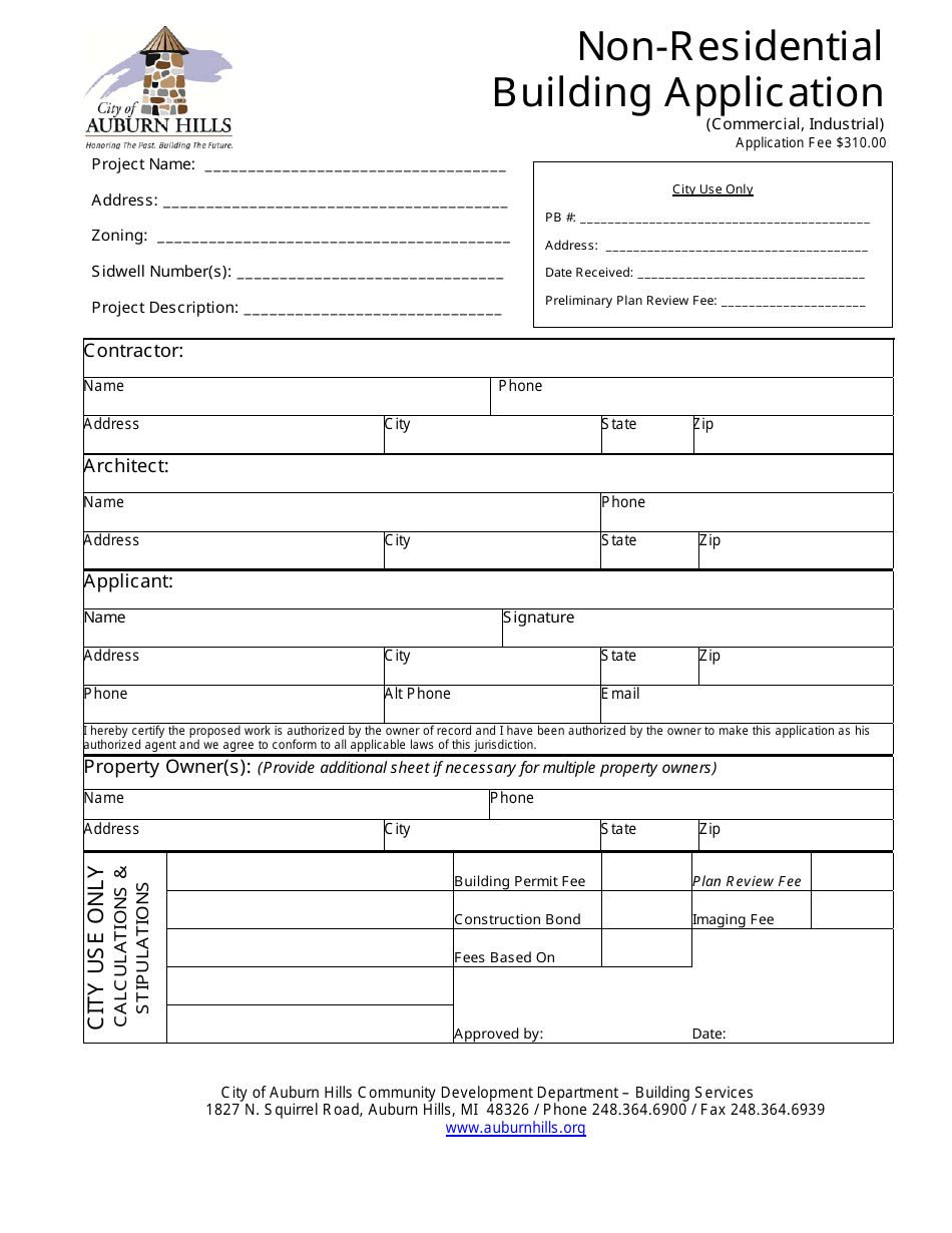 Non-residential Building Application Form - City of Auburn Hills, Michigan, Page 1