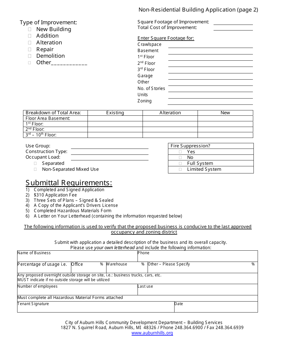 Non-residential Building Application Form - City of Auburn Hills, Michigan, Page 2
