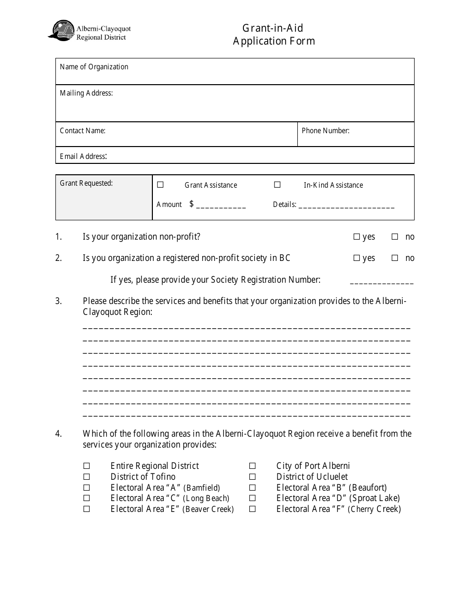 Grant-In-aid Application Form - British Columbia, Canada, Page 1