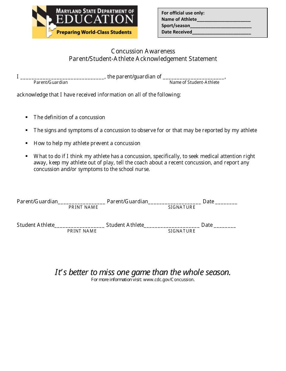 Concussion Awareness Parent/Student-Athlete Acknowledgement Statement Form - Maryland, Page 1