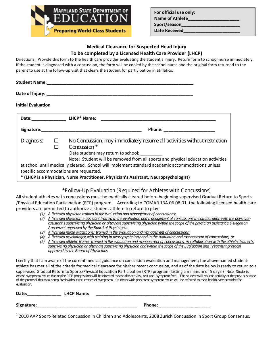 Concussion Awareness Parent / Student-Athlete Acknowledgement Statement Form - Maryland, Page 3