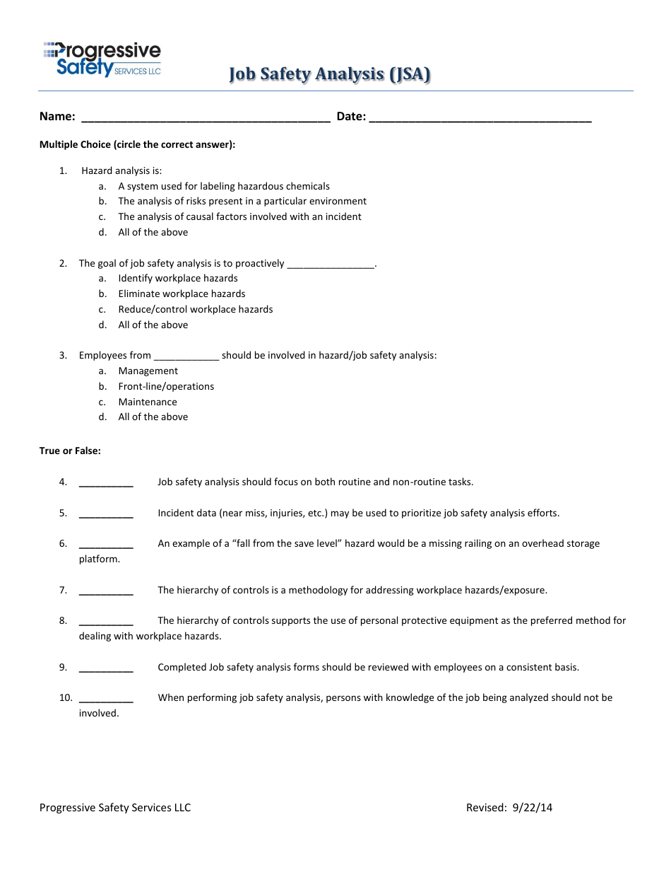 Job Safety Analysis Form With Quiz Key - Progressive Safety Services Llc, Page 1