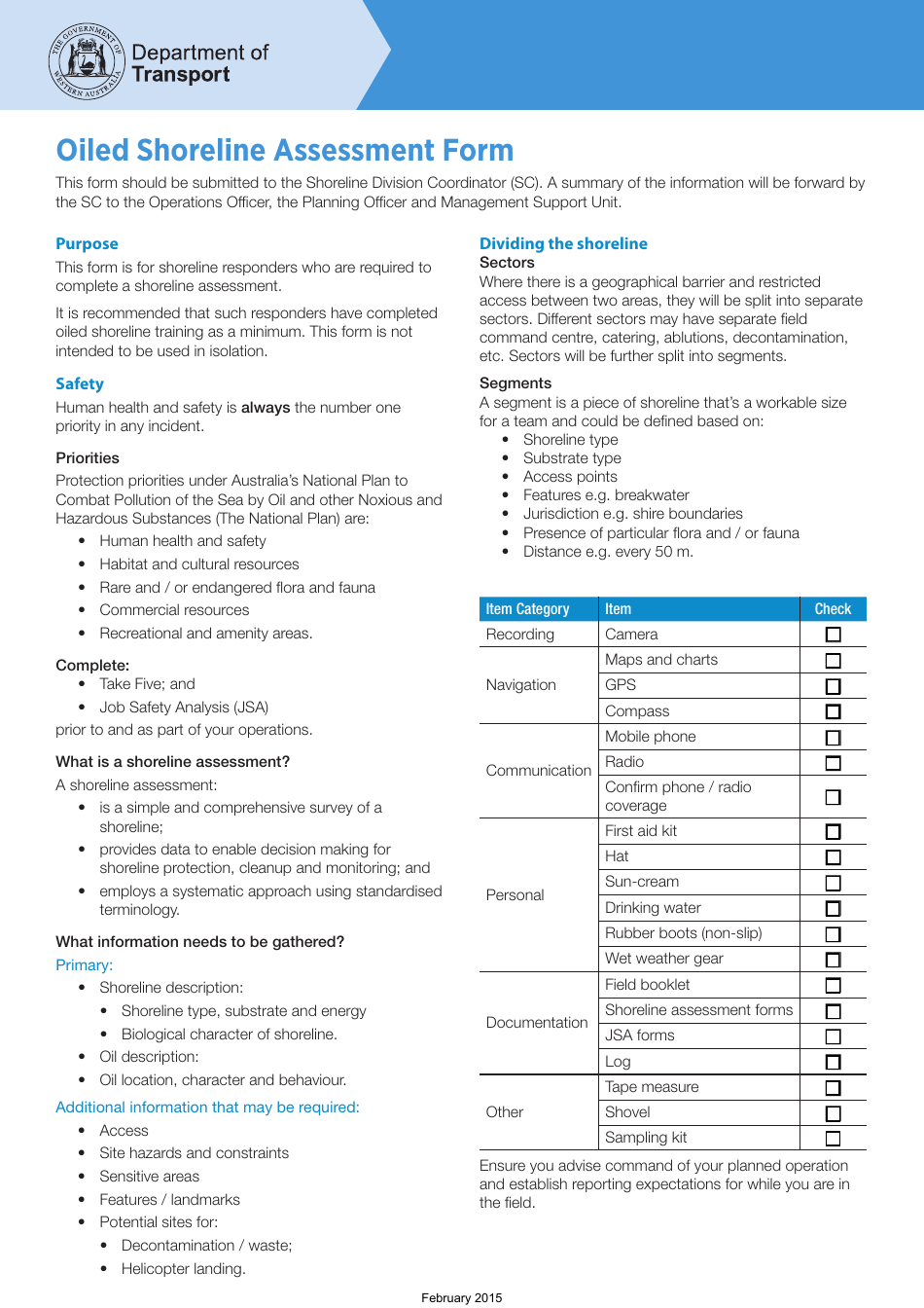 Oiled Shoreline Assessment Form - Western Australia, Australia, Page 1