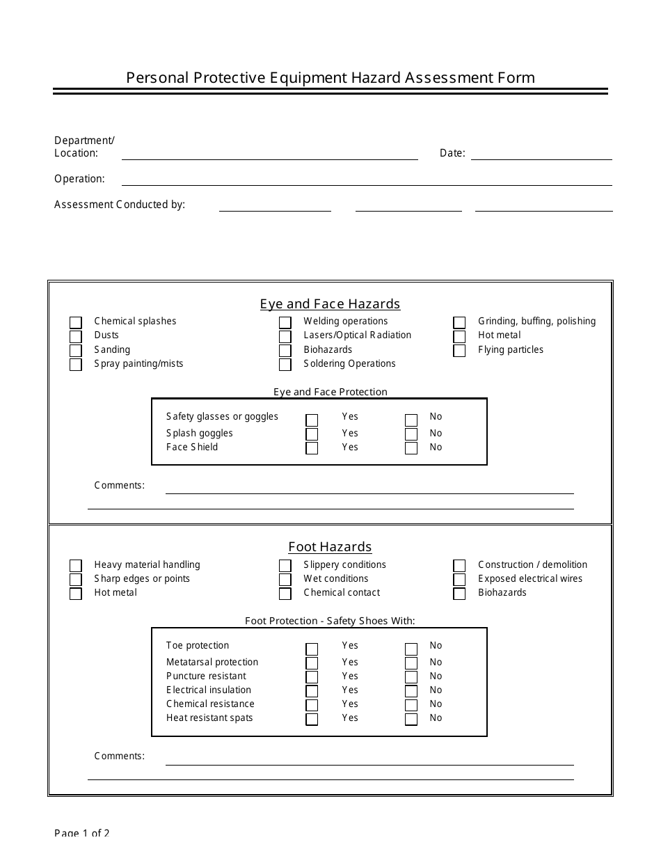 Personal Protective Equipment Hazard Assessment Form - Tables, Page 1