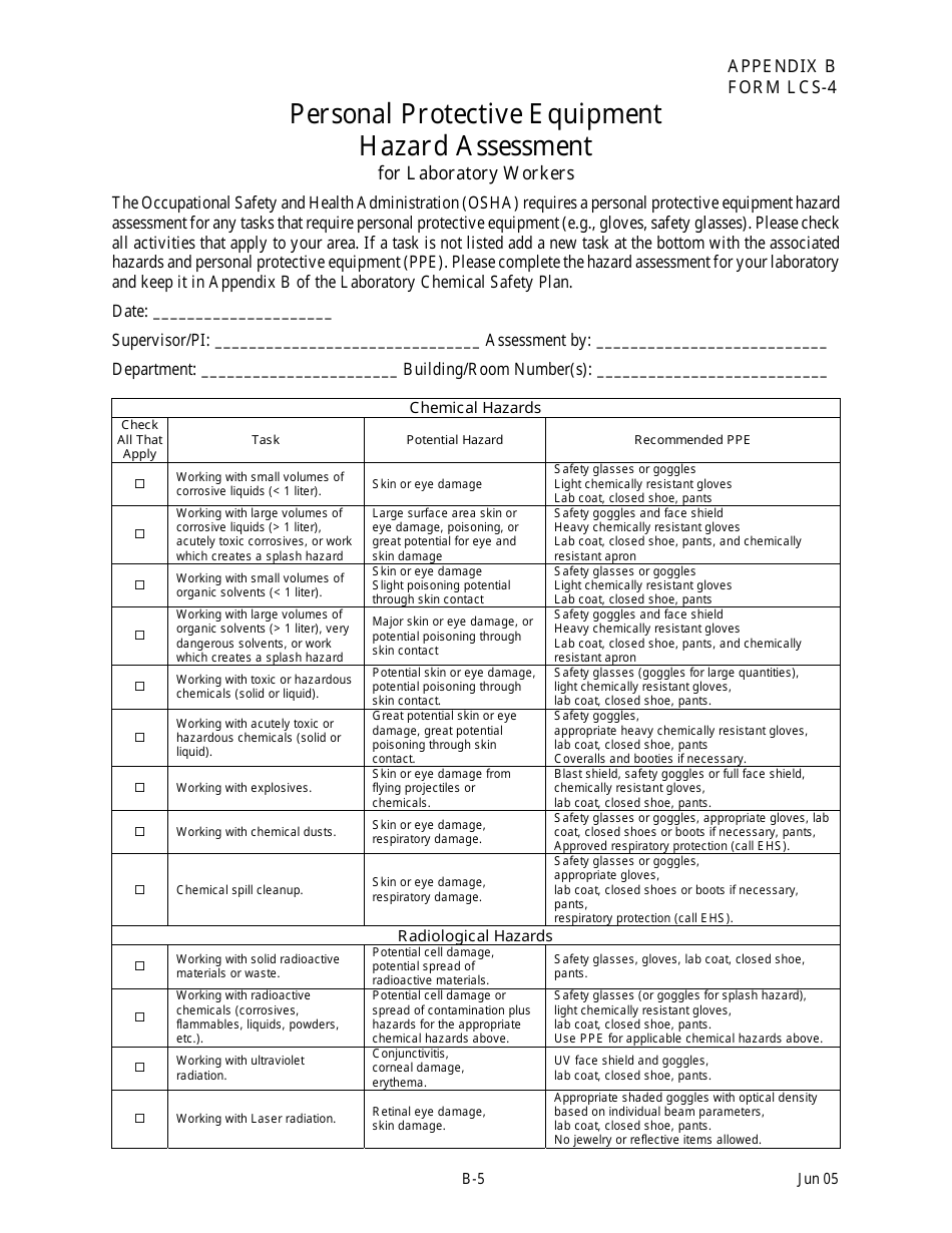 OSHA Form ICS-4 Personal Protective Equipment Hazard Assessment for Laboratory Workers, Page 1