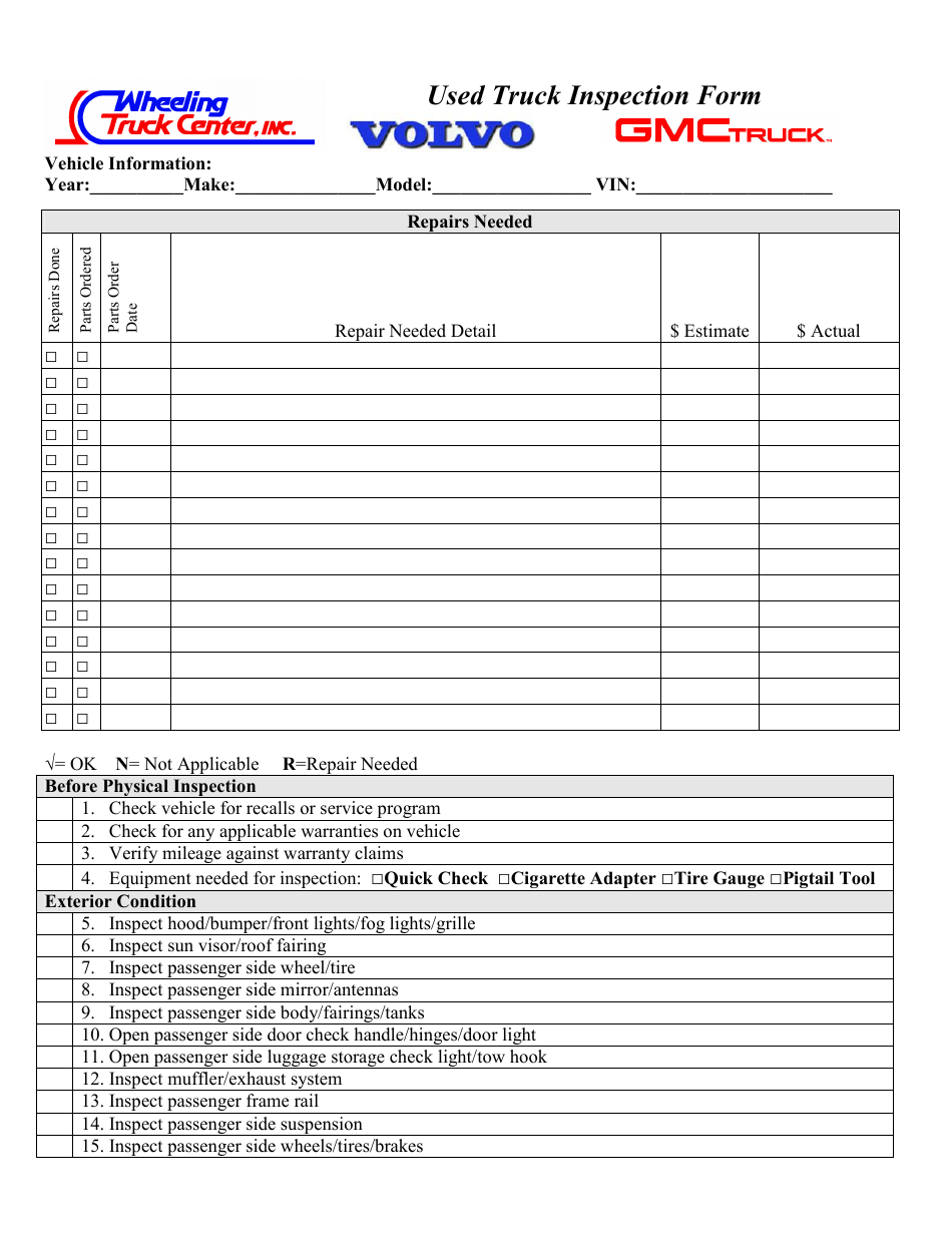 Used Truck Inspection Form Template - Wheeling Truck Center,inc., Page 1
