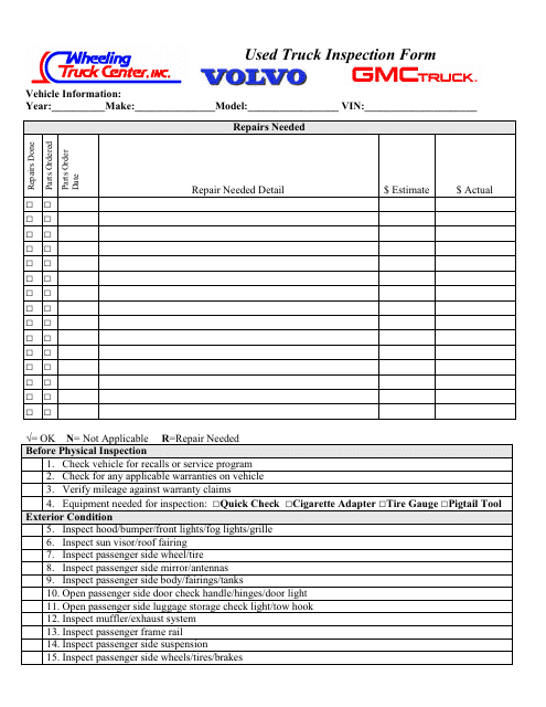 &quot;Used Truck Inspection Form Template - Wheeling Truck Center,inc.&quot; Download Pdf