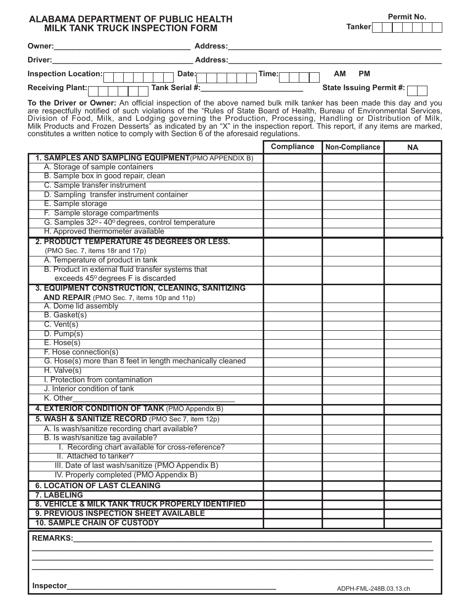 Alabama Milk Tank Truck Inspection Form - Fill Out, Sign Online and ...