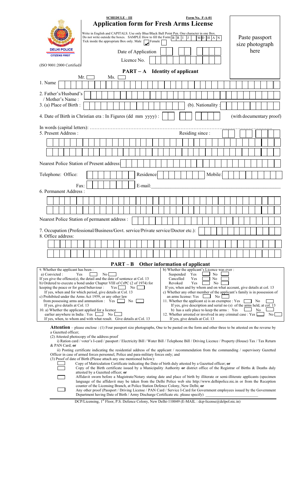 Form F-A-01 Application Form for Fresh Arms License - Delhi, India, Page 1