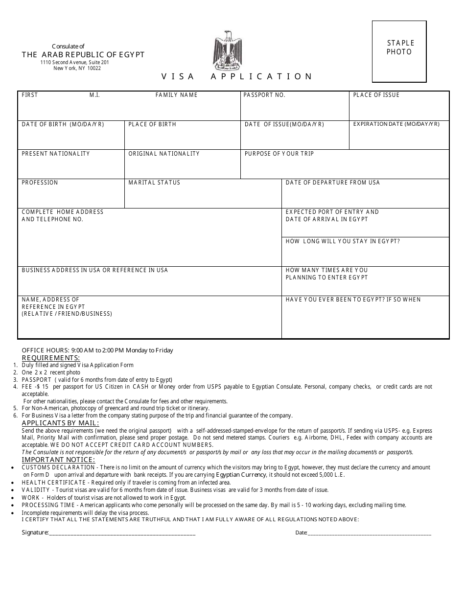 New York City Egyptian Visa Application Form Consulate Of The Arab Republic Of Egypt Fill