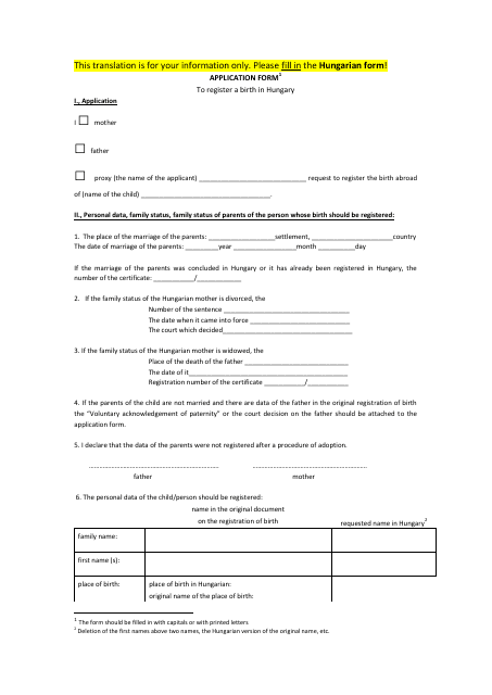 Application Form to Register a Birth in Hungary - Hungary