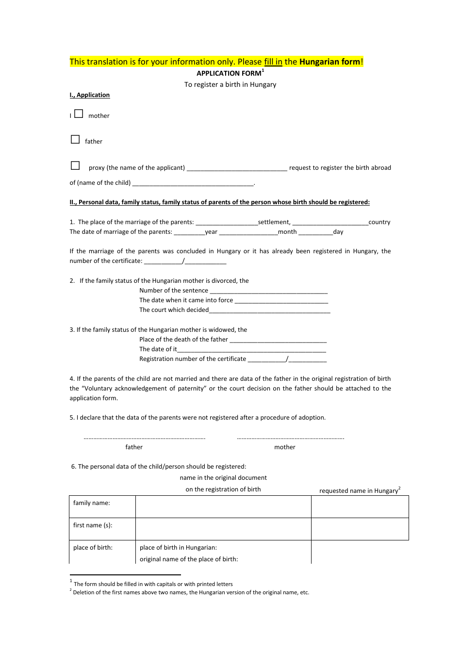 Application Form to Register a Birth in Hungary - Hungary, Page 1