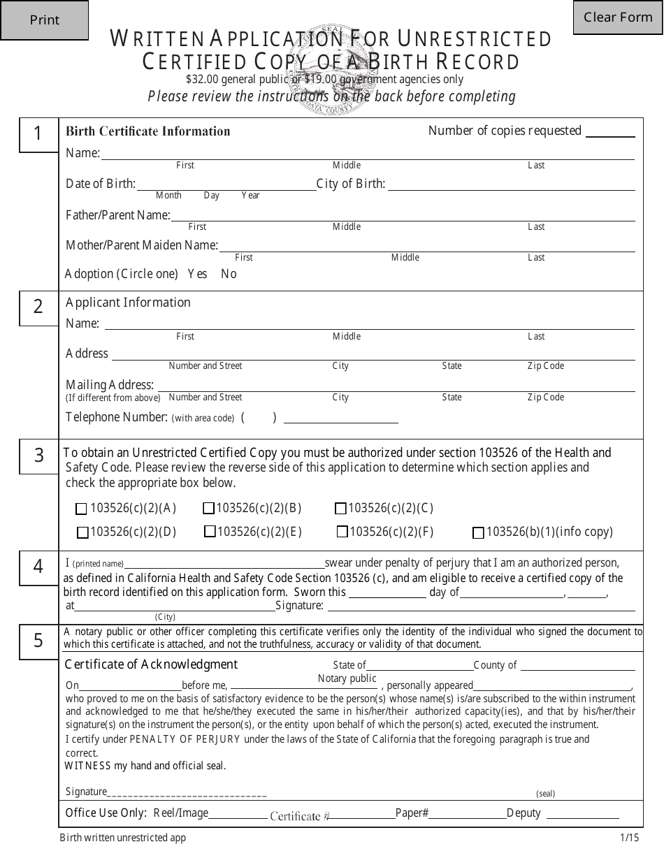 Written Application Form for Unrestricted Certified Copy of a Birth Record - California, Page 1