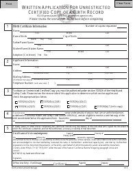 Document preview: Written Application Form for Unrestricted Certified Copy of a Birth Record - California