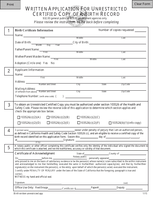 Written Application Form for Unrestricted Certified Copy of a Birth Record - California