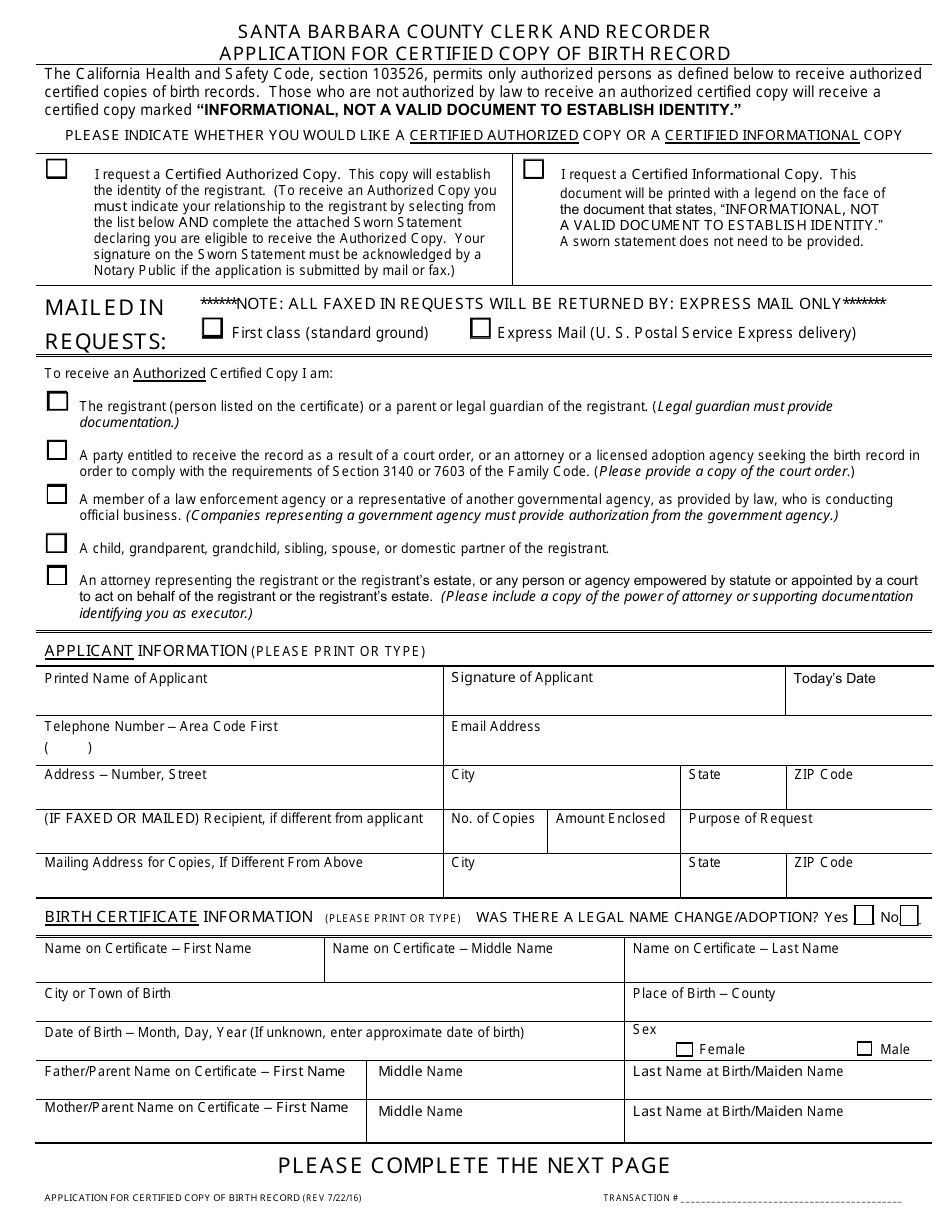 Application for Certified Copy of Birth Record - County of Santa Barbara, California, Page 2
