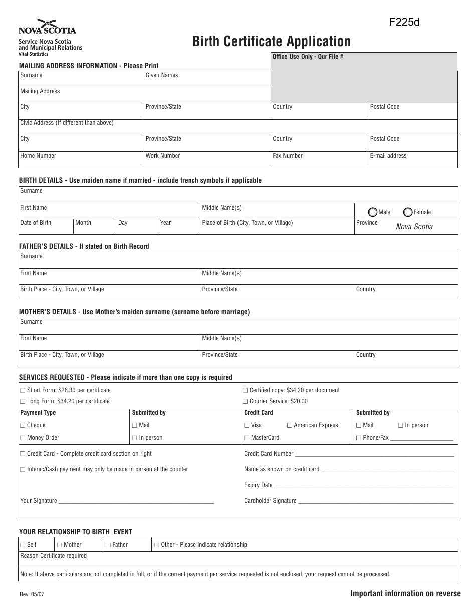 Birth Certificate Application - Nova Scotia, Canada, Page 1