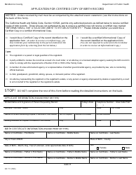 Form VS111 &quot;Application for Certified Copy of Birth Record&quot; - Mendocino County, California