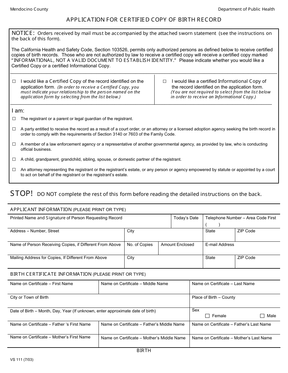 Form VS111 Application for Certified Copy of Birth Record - Mendocino County, California, Page 1