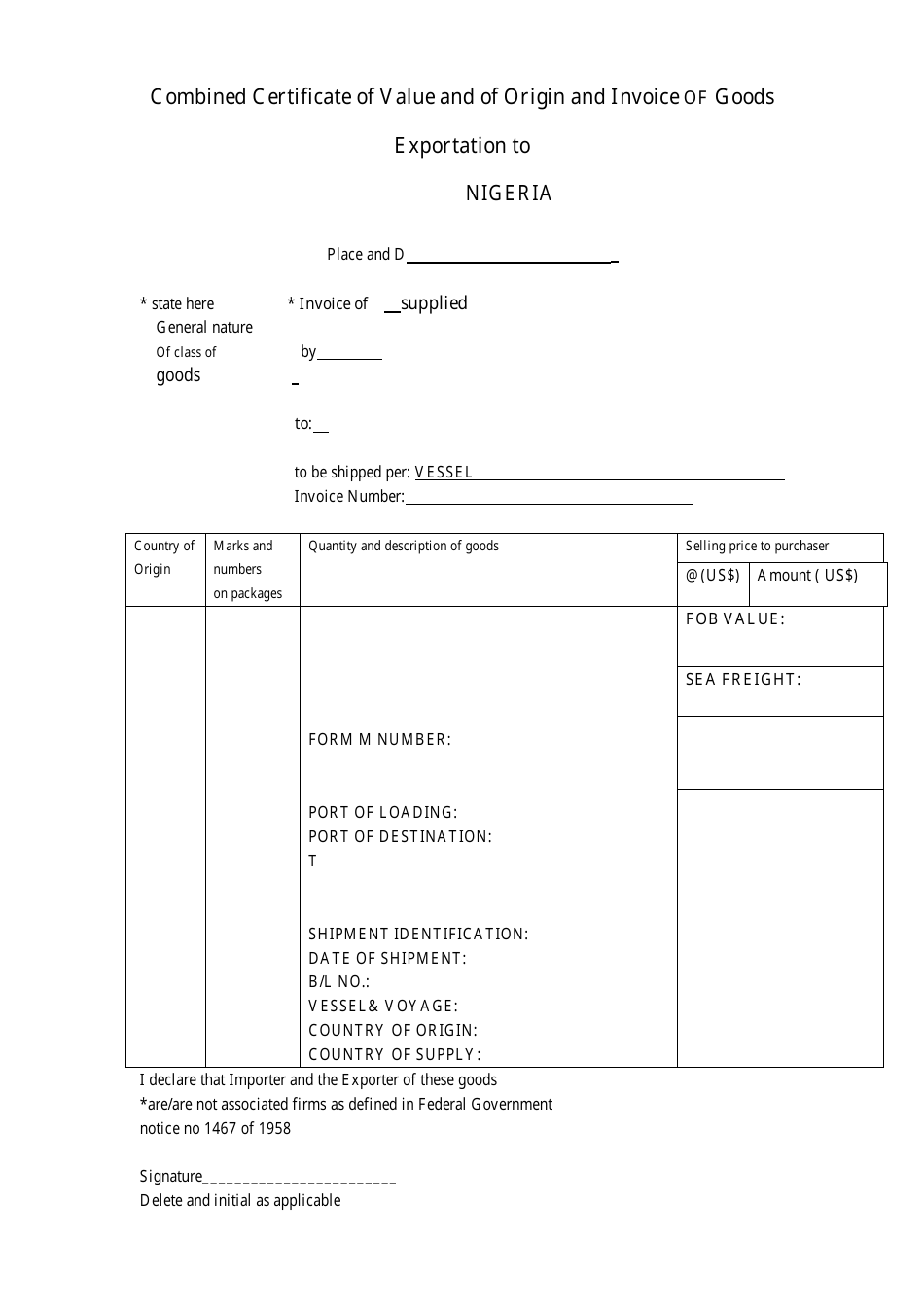 Combined Certificate of Value and of Origin and Invoice of Goods (Exportation to Nigeria), Page 1