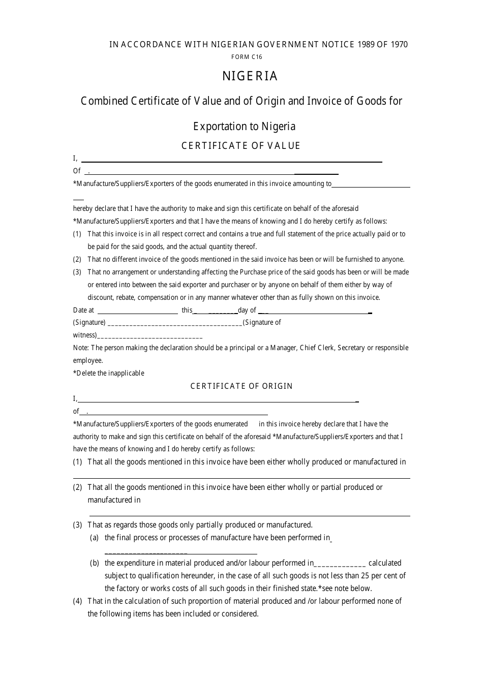 Combined Certificate of Value and of Origin and Invoice of Goods (Exportation to Nigeria), Page 2