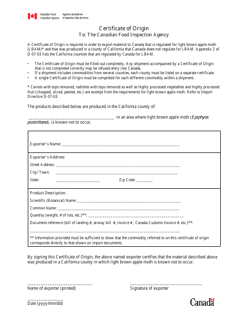 Certificate of Origin Form - Canada Download Pdf