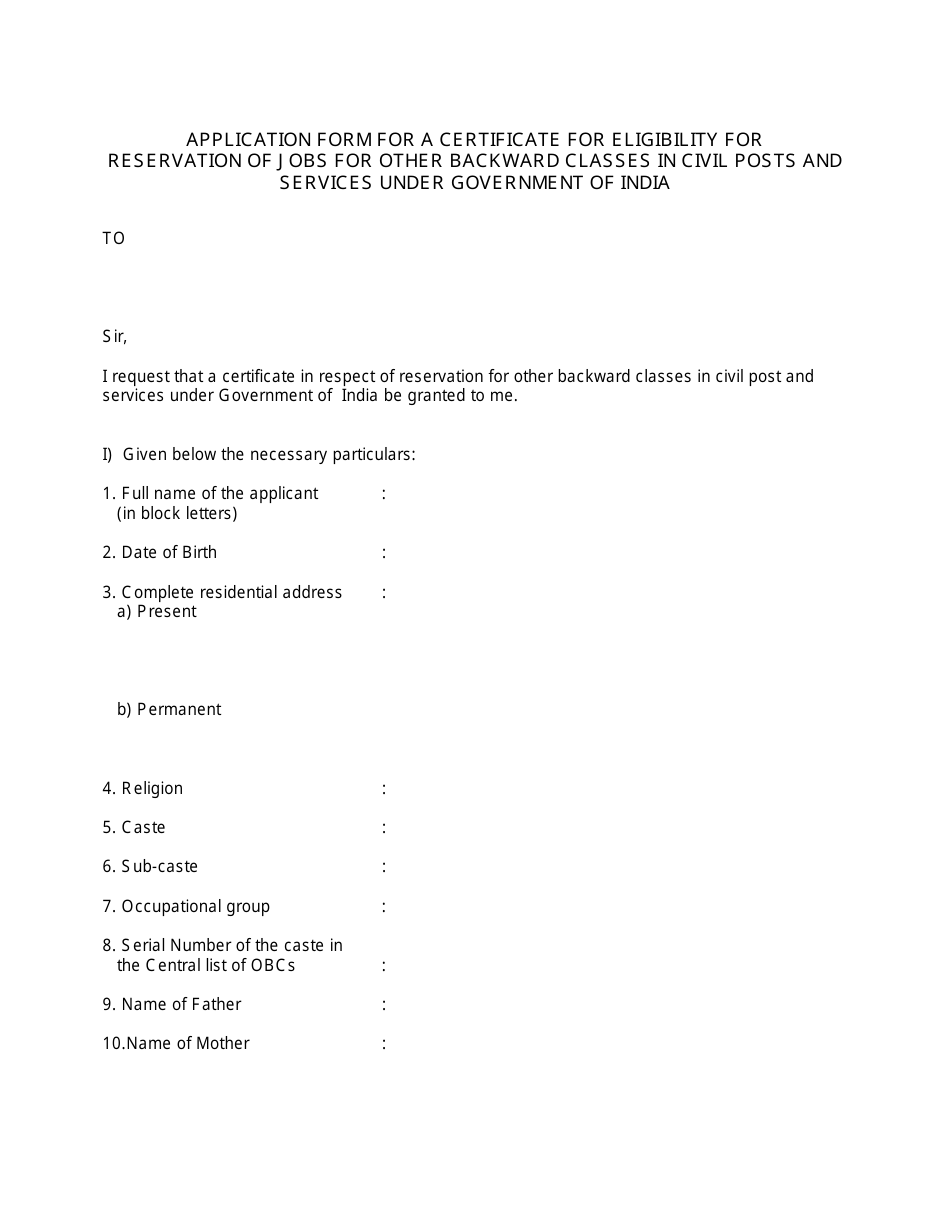 Application Form for a Certificate for Eligibility for Reservation of Jobs for Other Backward Classes in Civil Posts and Services - Tamil Nadu, India, Page 1
