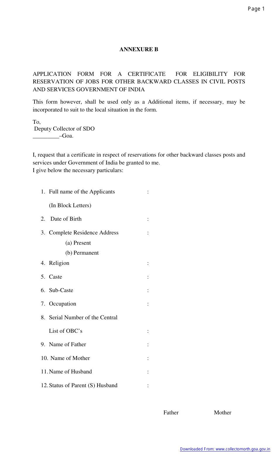 Application Form for a Certificate for Eligibility for Reservation of Jobs for Other Backward Classes in Civil Posts and Services - Goa, India, Page 1