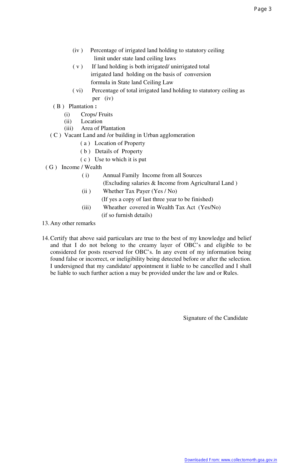 Application Form for a Certificate for Eligibility for Reservation of Jobs for Other Backward Classes in Civil Posts and Services - Goa, India, Page 3