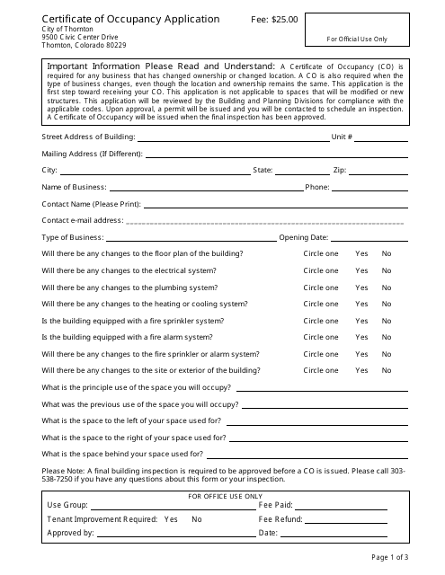 &quot;Certificate of Occupancy Application Form&quot; - City of Thornton, Colorado Download Pdf